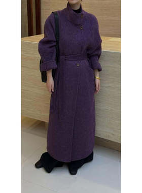 宽松型韩式紫色绵羊毛立领长款毛呢外套女加厚系带收腰大衣极简风