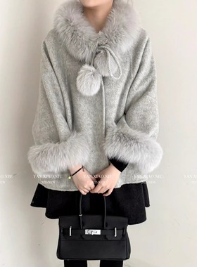 千金风狐狸毛领斗篷毛呢外套女宽松慵懒呢子大衣羊毛大衣秋冬季