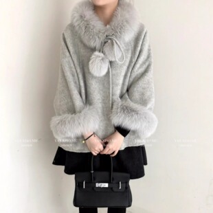 千金风狐狸毛领斗篷毛呢外套女宽松慵懒呢子大衣羊毛大衣秋冬季