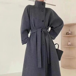 立领双面羊毛大衣女中长款秋冬新款单排扣腰带加厚毛呢外套24秋冬