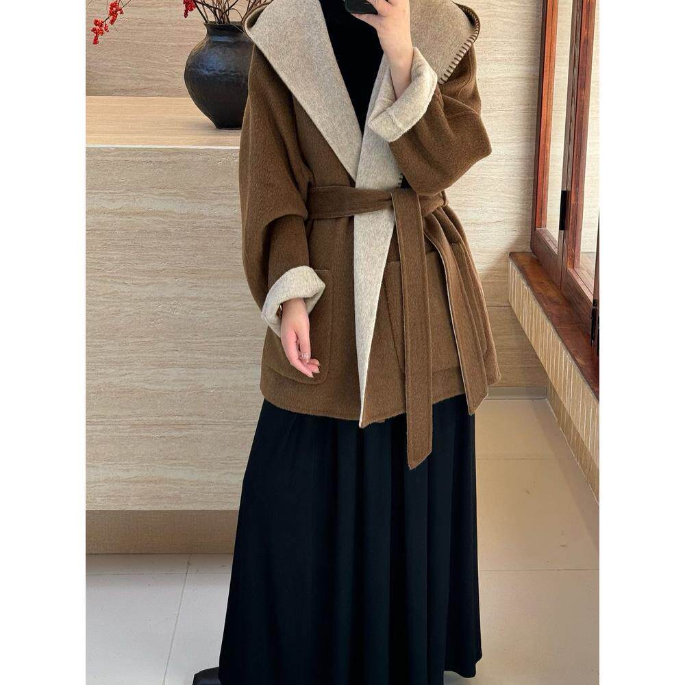 2025秋冬新款女高级设计感中长款双面羊毛大衣连帽宽松两面穿外套