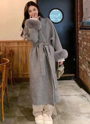新款双面呢羊绒大衣秋冬季毛呢外套2025狐狸毛浴袍长款高级感女装
