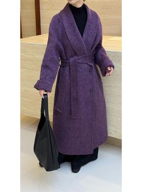 2025紫色秋冬高级新款韩系宽松中长款气质双面羊毛大衣外套毛呢外