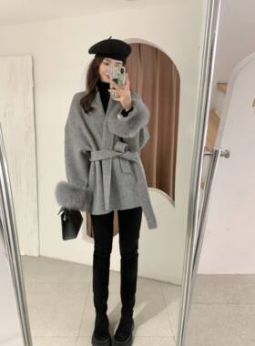双面羊毛狐狸毛斗篷大衣女秋冬