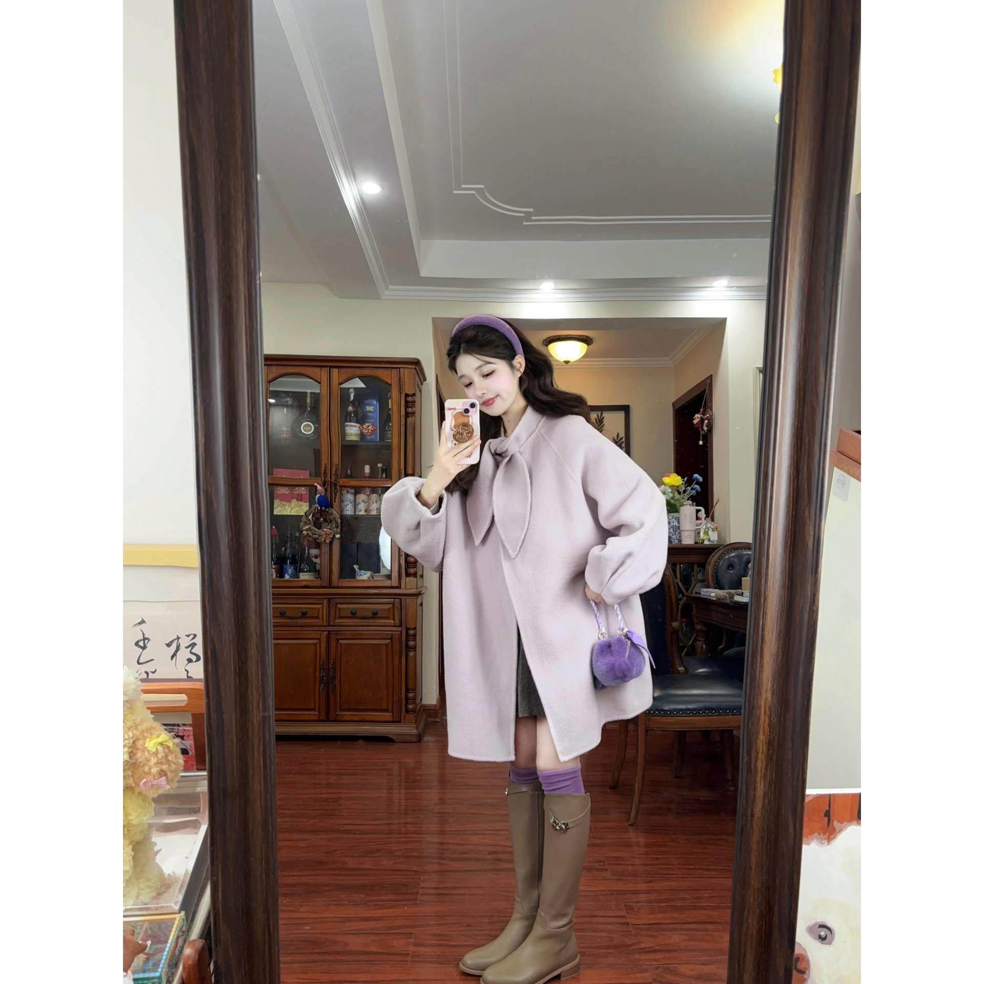 复古轻奢兔耳打结毛呢短外套女