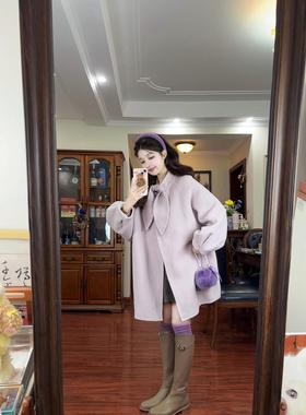 温柔风兔耳朵淡紫色毛呢外套女2025新款宽松斗篷大衣宽松型女装