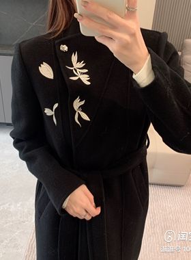 新中式立领黑色长款女秋冬季新款设计感毛呢外套高级感呢子大衣女