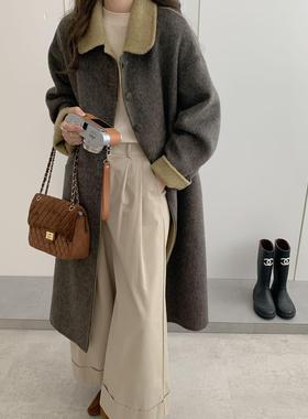 设计感撞色双面羊绒大衣女2025秋冬新款韩系宽松气质羊毛呢外套爆
