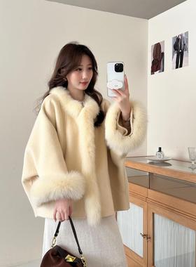 千金风毛毛领羊毛短款大衣女冬装高级感毛呢外套斗篷款毛呢大衣韩