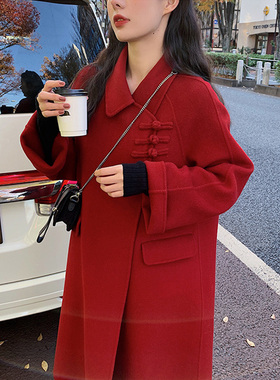 中国风反季高端红色双面羊绒大衣女中长款2025新款复古宽松双面呢