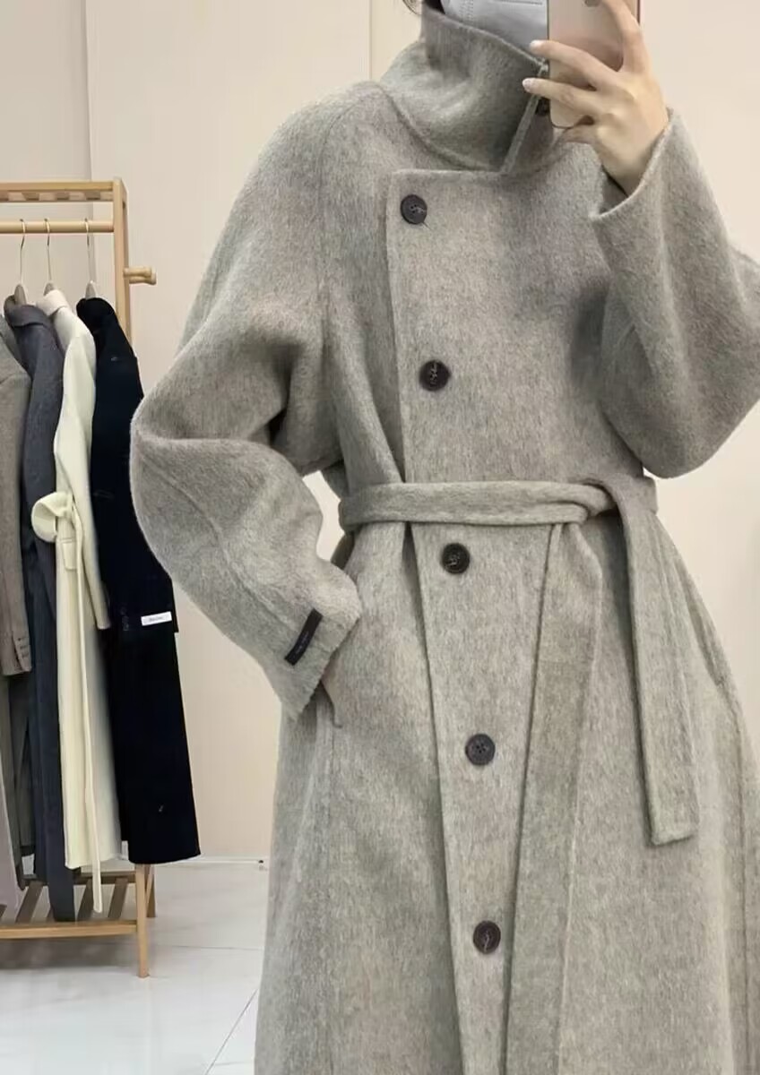 立领斜扣设计长款羊绒毛呢大衣秋冬季新款双面羊绒大衣毛呢外套
