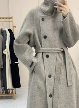 立领斜扣设计长款羊绒毛呢大衣秋冬季新款双面羊绒大衣毛呢外套