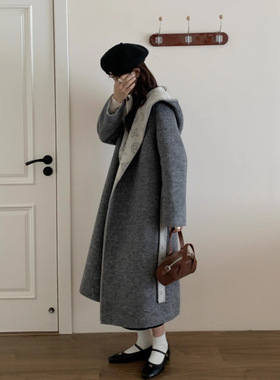 双面羊毛呢子大衣新款水墨印花系带连帽双面羊毛大衣宽松版型加厚
