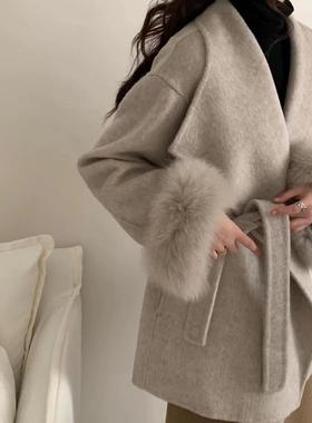 秋冬韩版双面羊绒大衣袖子狐狸毛可拆卸高级感斗篷毛呢小外套短女