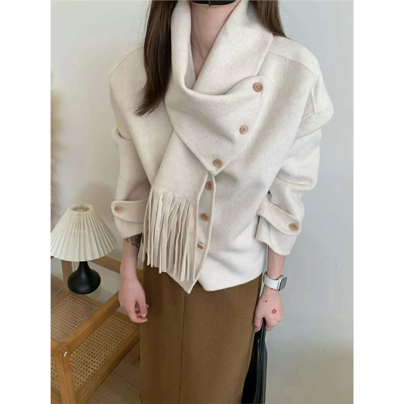 2025超好看围巾双面羊绒大衣女短款韩系千金气质羊毛呢外套高级感