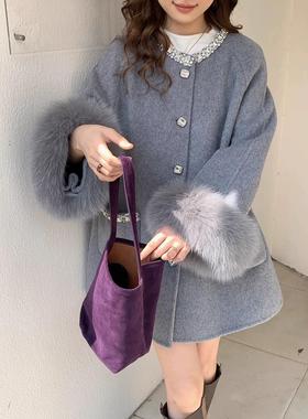 秋冬新款韩系钉珠高级感狐狸毛双面羊毛大衣女羊毛呢富家千金外套
