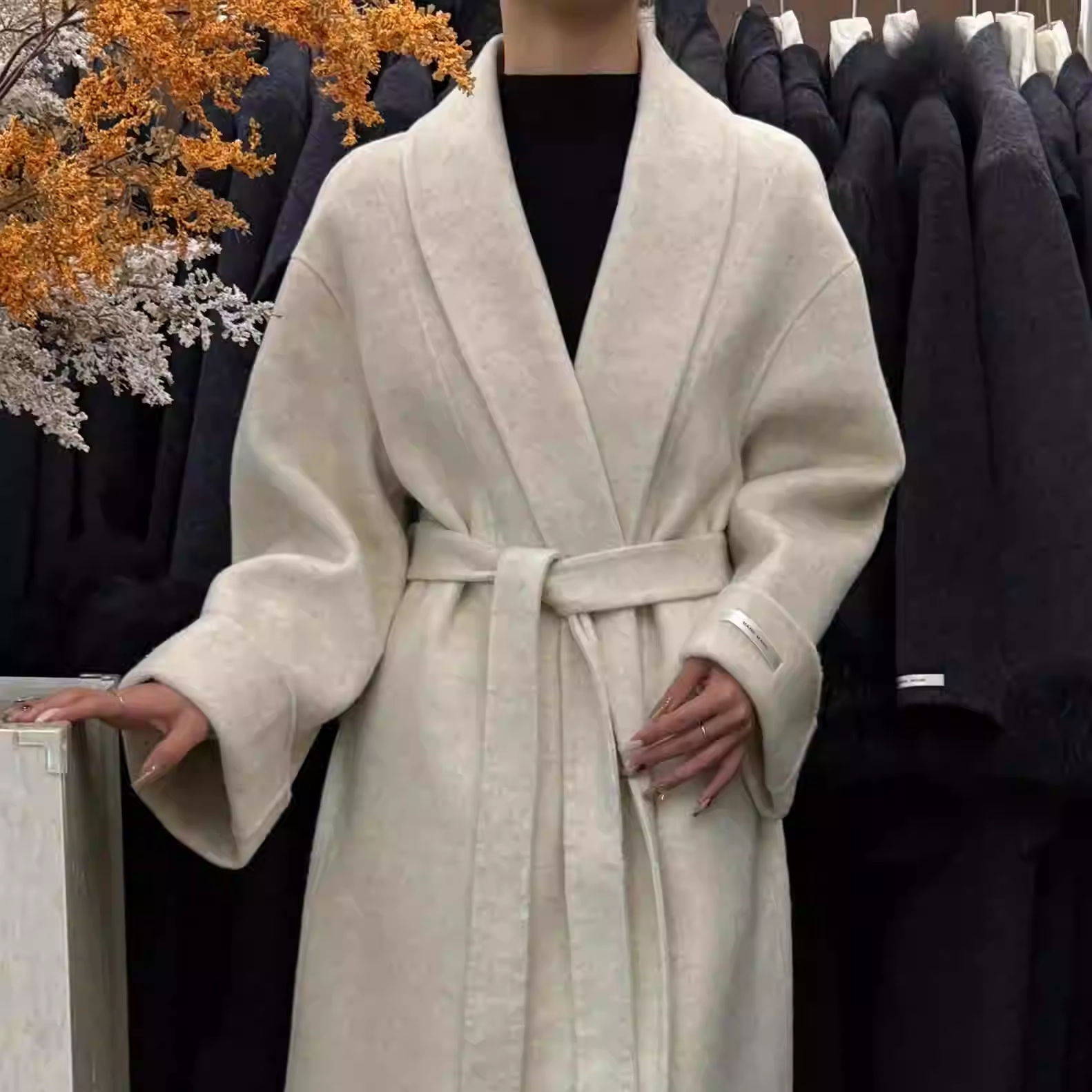 紫色浴袍式高级感双面羊毛大衣女长款系带收腰韩版气质毛呢外套绒