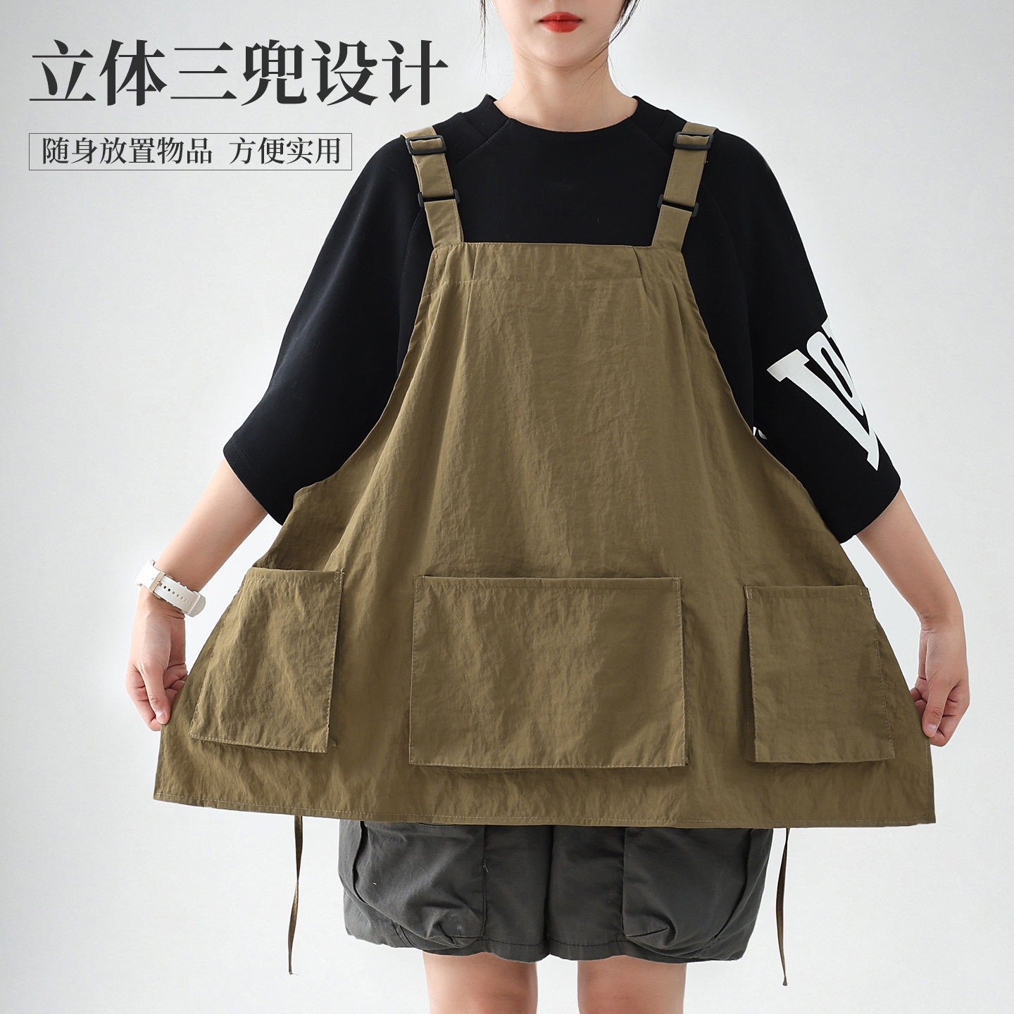 短款时尚工装风调节背带围裙多立体口袋防泼水污厨房工服定制logo