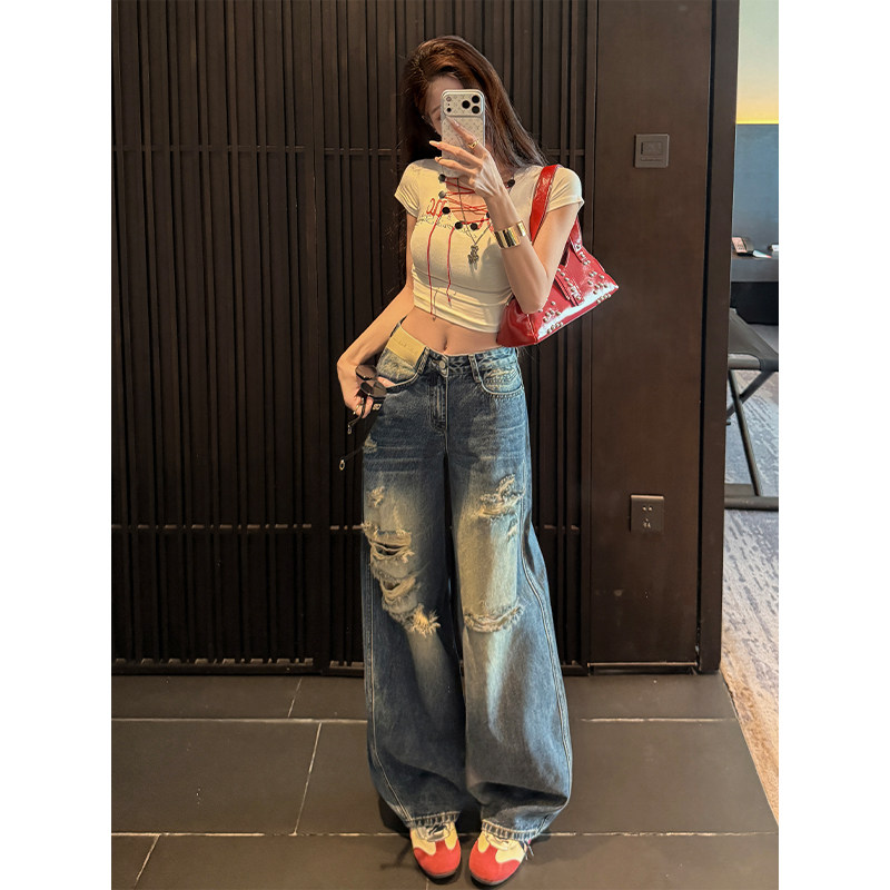 郑小亮美式破洞阔腿牛仔裤女2026夏季薄款低腰显瘦宽松拖地裤洋气图片