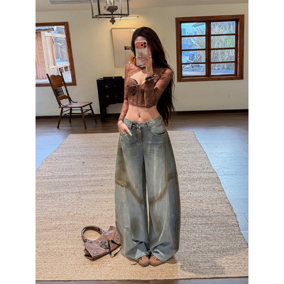 郑小亮晕染涂鸦低腰阔腿牛仔裤女2026秋季新款宽松显瘦垂感拖地裤