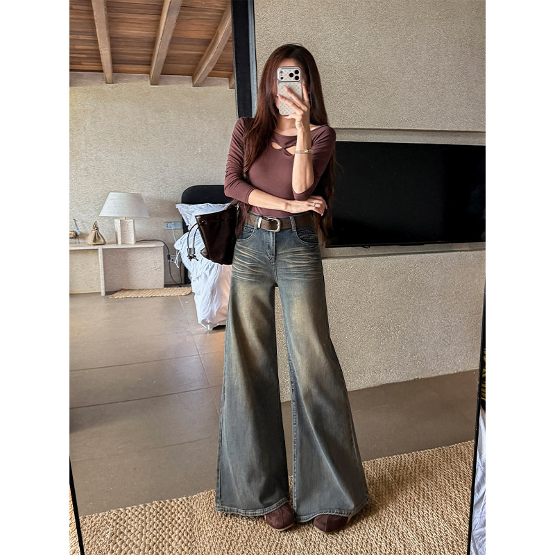 郑小亮秋冬加绒高腰不贴腿复古蓝微喇叭牛仔裤女猫须垂感百搭时尚