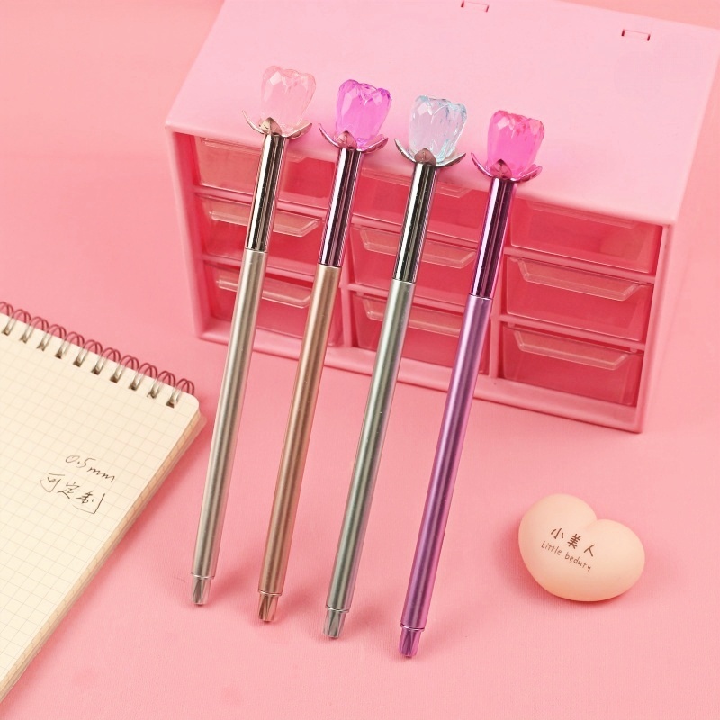 定制创意玫瑰花中性笔少女心刻字钻石头笔文具礼品毕业纪念防丢笔