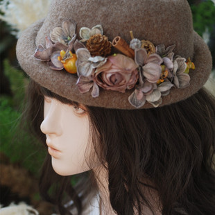 原创设计森系秋枯萎花朵卷边羊毛呢贝雷帽