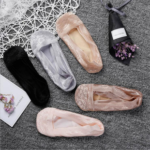 隐形防滑硅胶花边棉底船袜子 5双装 春夏女蕾丝船袜缎面浅口 薄款