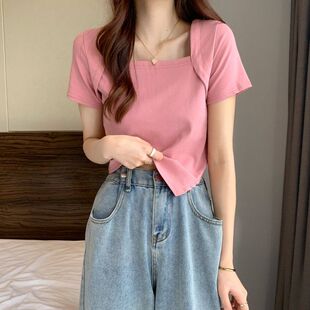 2026夏季新款通勤风方领不对称短袖T恤女修身显瘦泫雅风短款上衣