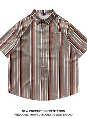 TRAVEL ISLAND 减轻压力 日系cityboy街头竖条纹宽松百搭短袖衬衫