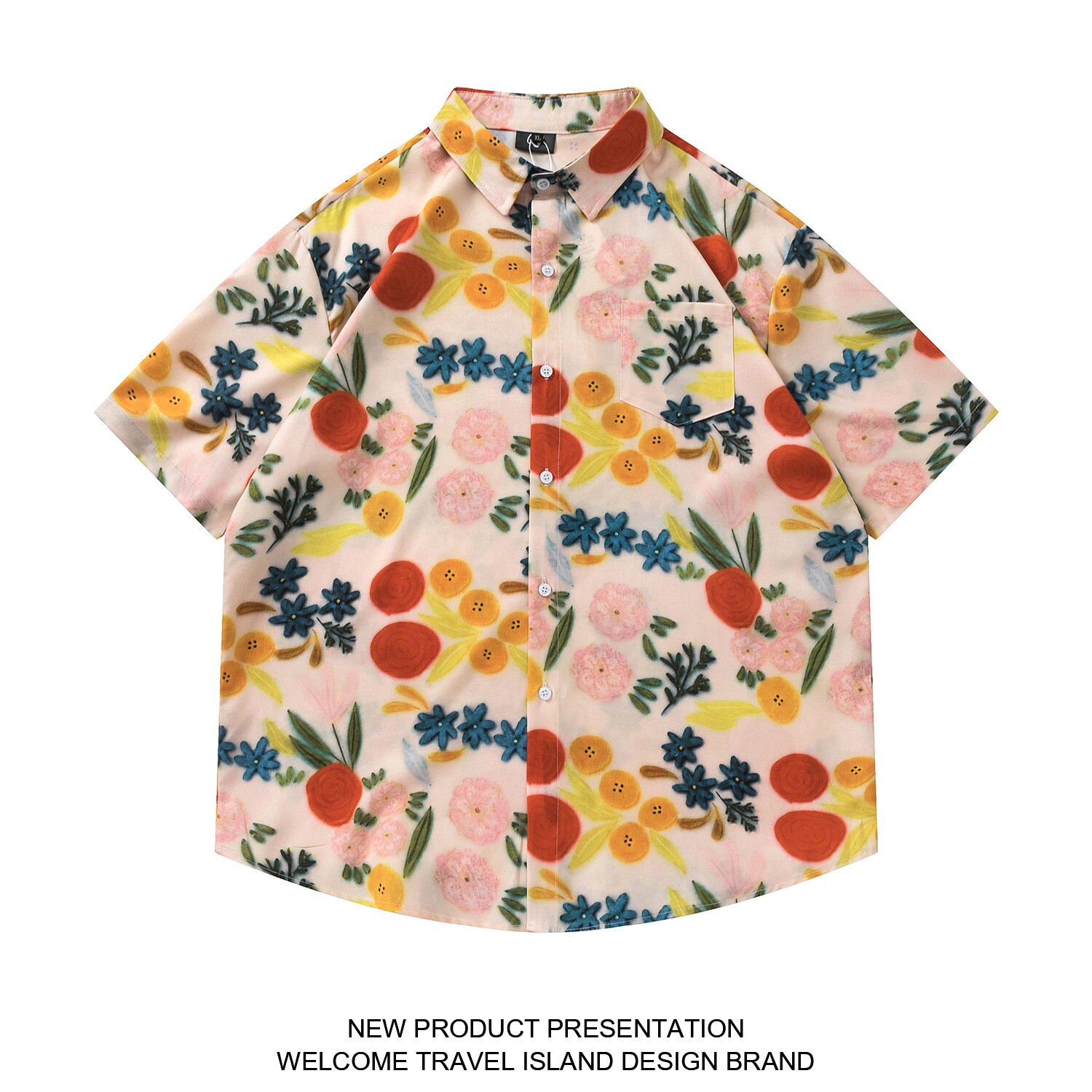 TRAVEL ISLAND 鲜艳果子 夏季盐系暖调清新果实印花情侣短袖衬衫