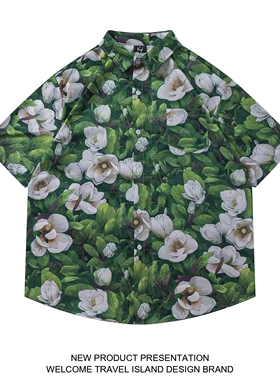TRAVEL ISLAND 白色山茶花 复古植物白色山茶花小众慵懒短袖衬衫