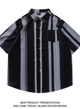 TRAVEL ISLAND 什么玩意 高街ins设计感条纹宽松情侣百搭短袖衬衫