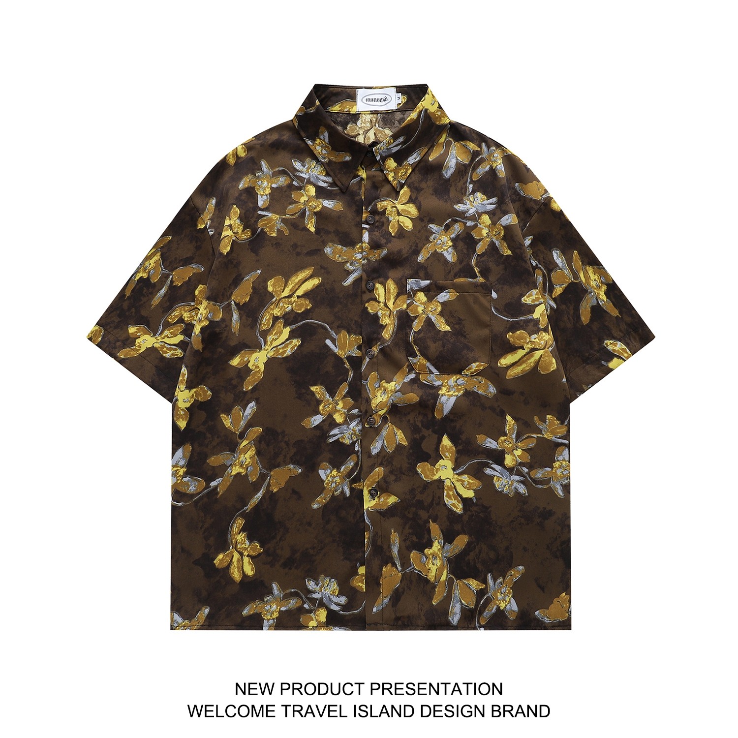 TRAVEL ISLAND 千姿百态 古着咖色田园植物印花宽松轻薄短袖衬衫