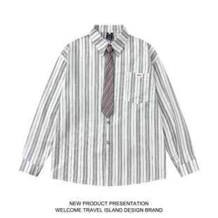 TRAVEL ISLAND 从不熬夜 复古条纹学院风百搭小众领带长袖衬衫