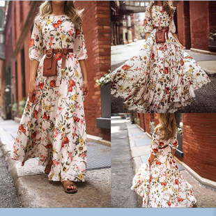 Sleeve Printed Floral Long Dress Evening Party Formal Dress