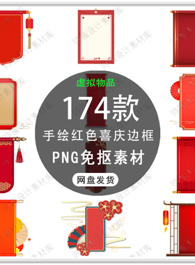 中国传统红色喜庆标题框文本框中式古典红色喜庆边框PNG免扣素材