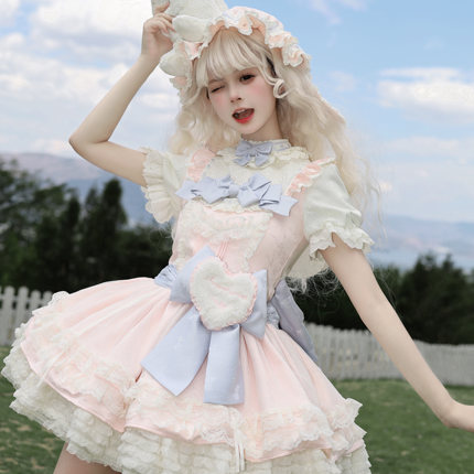 蜜桃白茶原创设计Lolita裱花小兔op裙doll感低腰蛋糕裙三团尾款