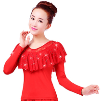 2020 square dance dress new Sequin mesh top Long Sleeve Dance Dress fantasy yarn collar short sleeve top