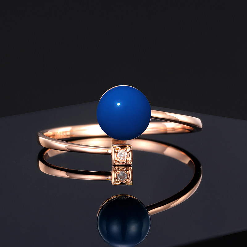 多米矿工天然蓝珀18k金戒指女款净水琥珀开口镶钻戒圈手饰定制6mm