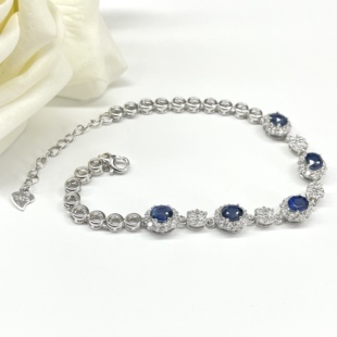 天然蓝宝石S925银星辰戴妃手链 4x5旦形2.5ct