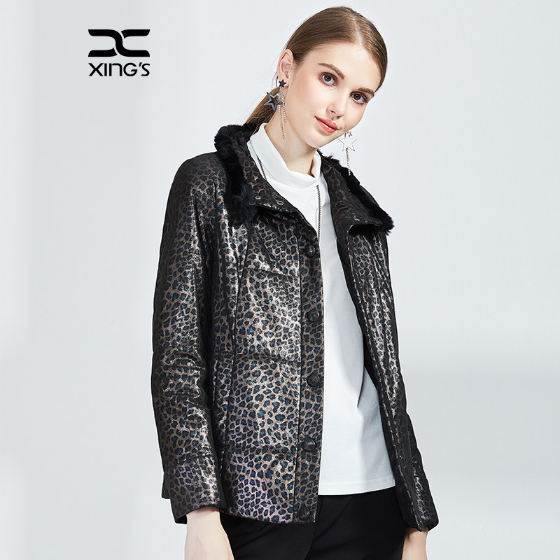 邢氏女装秋冬大码印花真皮棉服女气质妈妈修身棉衣外套成熟女装