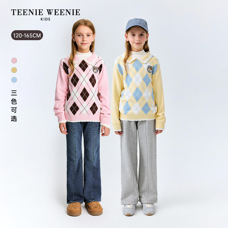 TeenieWeenie Kids小熊童装舒适秋冬女童翻领菱格针