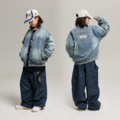 水洗蓝棉牛仔外套立体刺绣棉服 复古立领工装 ROCKYROAD童装 美式