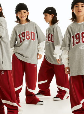 ROCKYROAD童装美式创意字母数字印花纯棉灰色T恤街头潮牌港风短袖