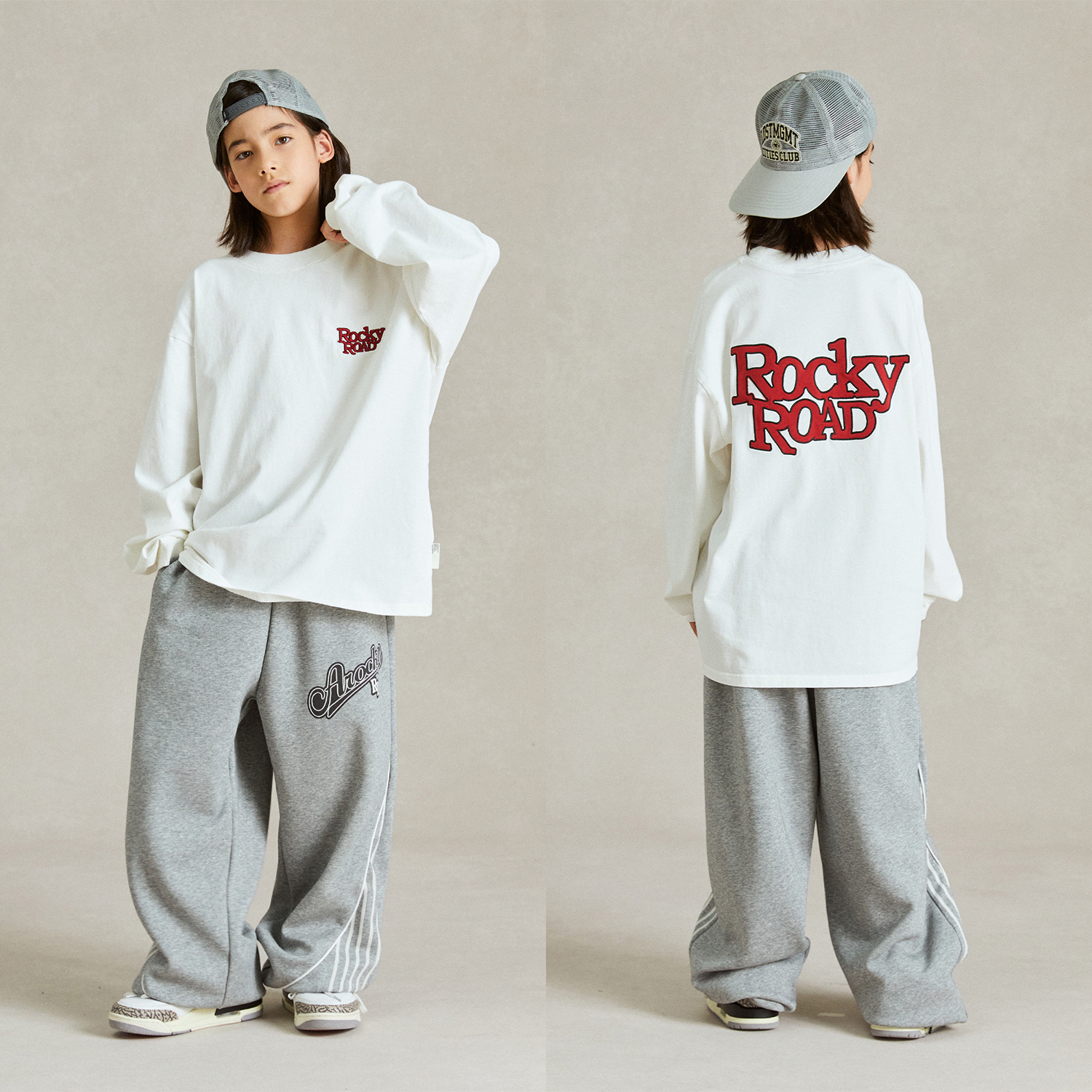 ROCKYROAD童装纯棉美式圆领潮牌内搭套头体恤卫衣工装灰色卫裤