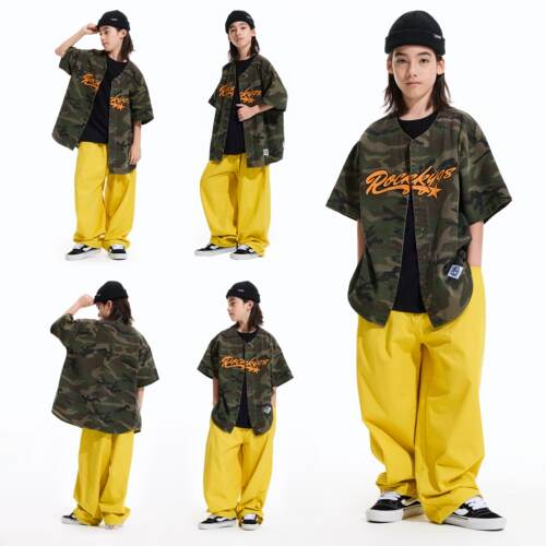 ROCKYROAD童装美式字母印花迷彩短袖上衣外套潮牌hiphop街头风T恤