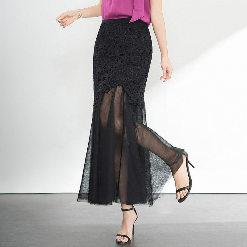 黑色蕾丝鱼尾裙半身裙高级感长款女夏季拼接网纱边裙子气质包臀裙