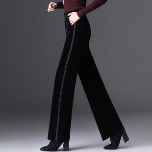 新款金丝绒阔腿裤2025春秋裤子女新款黑色宽松直筒裤中年妈妈长裤