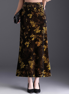 黄色碎花金丝绒半身裙女秋冬新款气质长裙包臀裙高级感鱼尾裙女裙